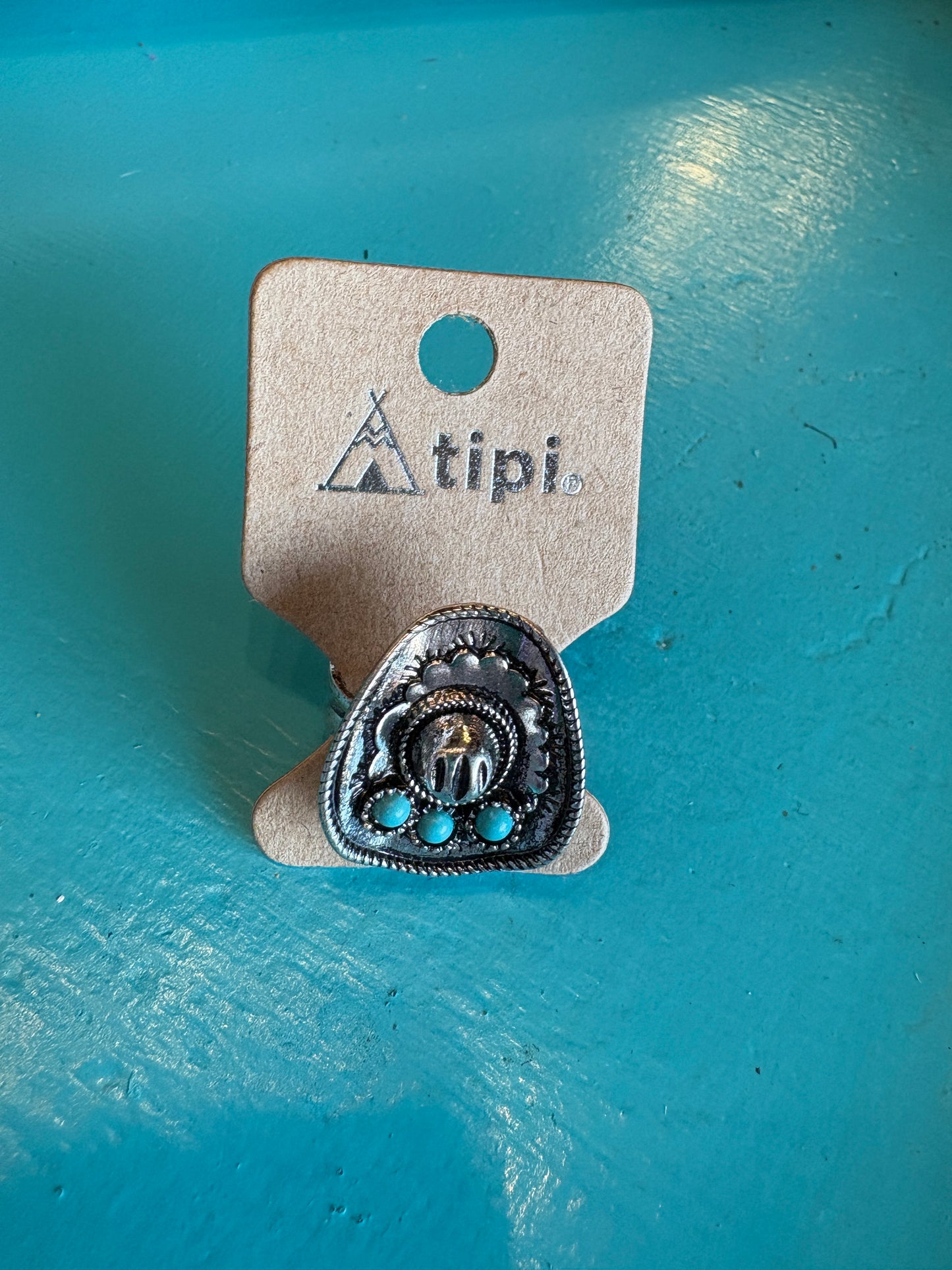 Silver Cowboy Hat with Turquoise Beads Adjustable Ring