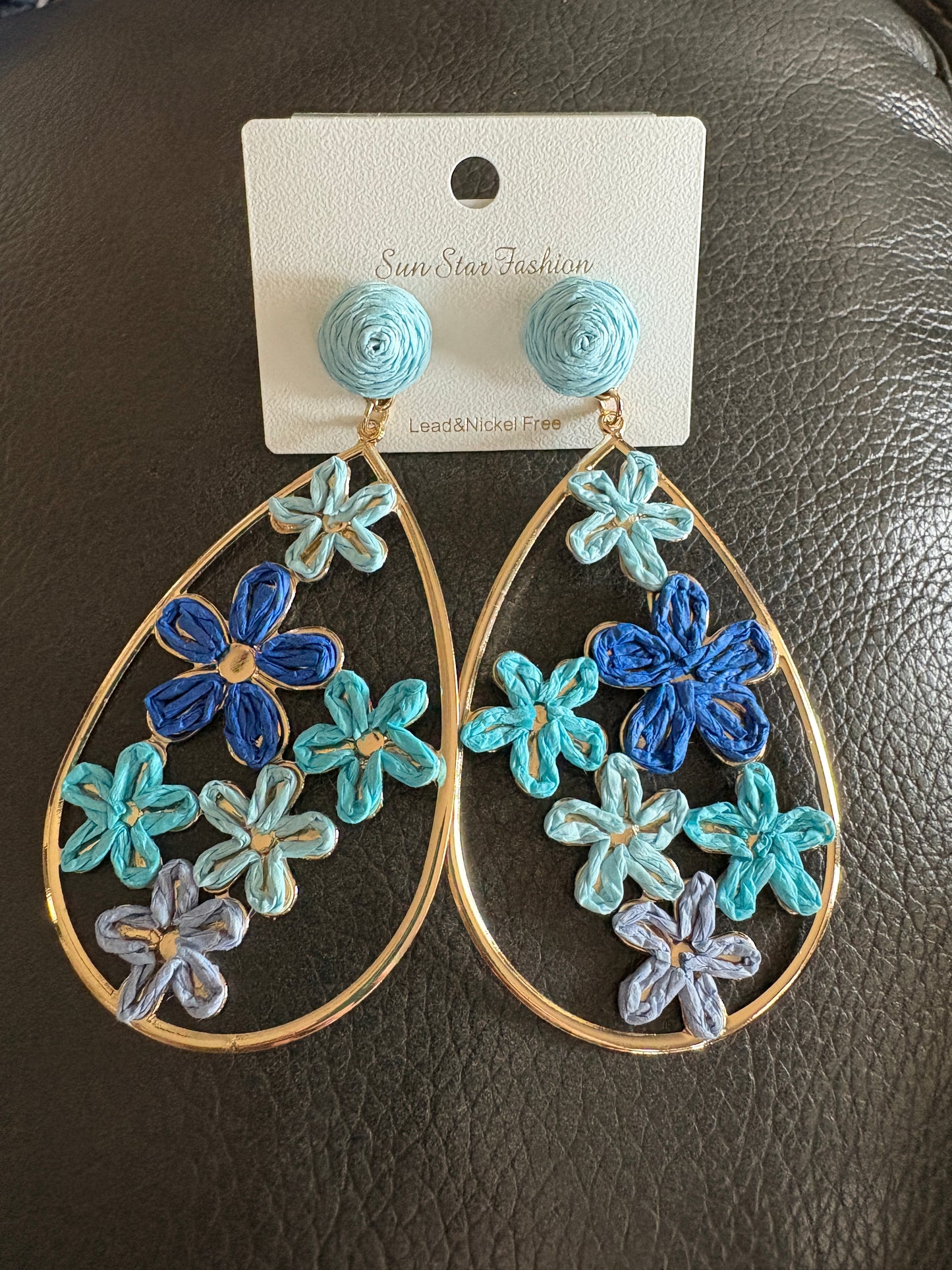 Gold Hoop Blues Flower Pedal Dangle Earrings