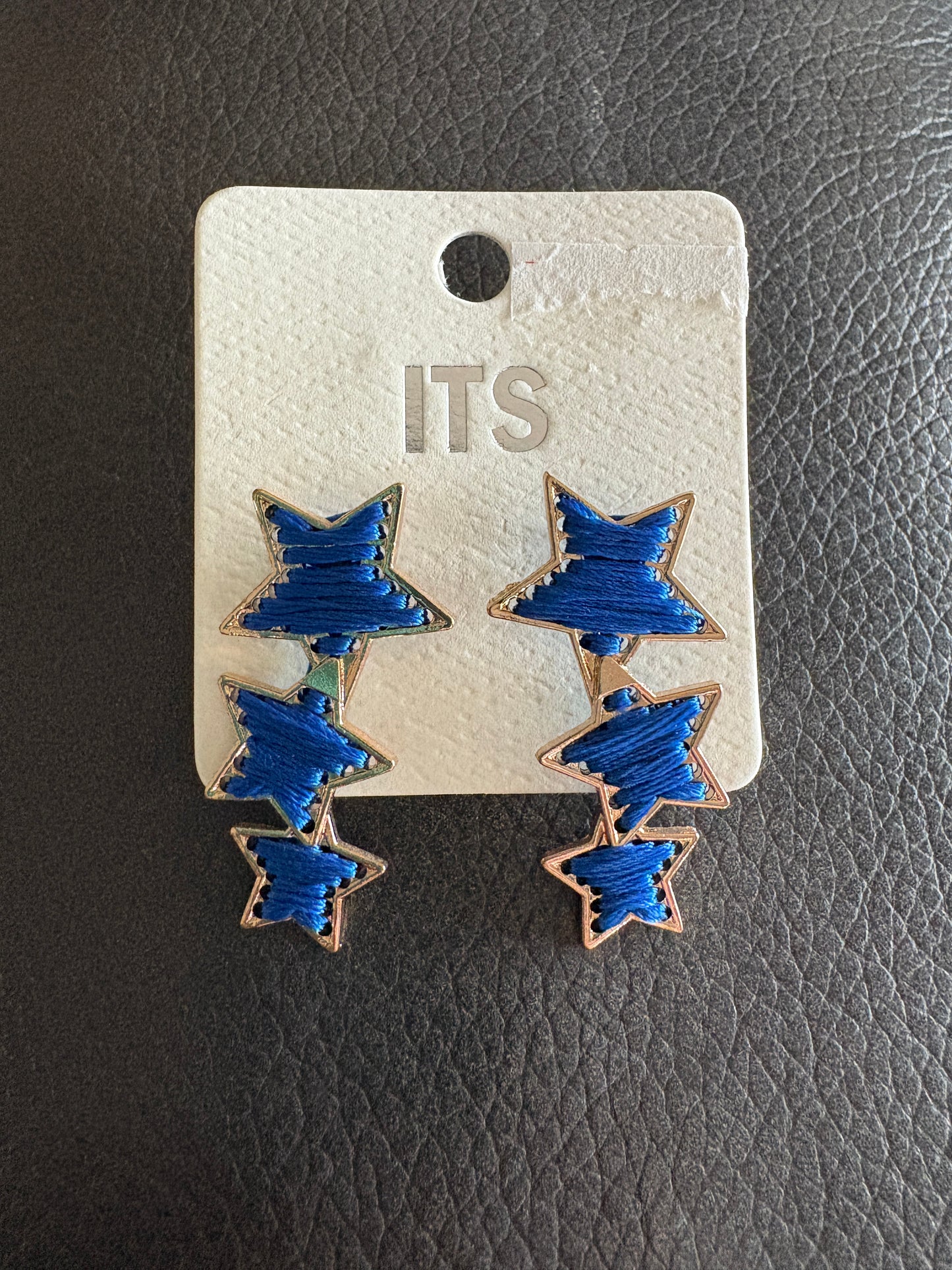 Gold with 3 Blue Stars Dangle Earrings