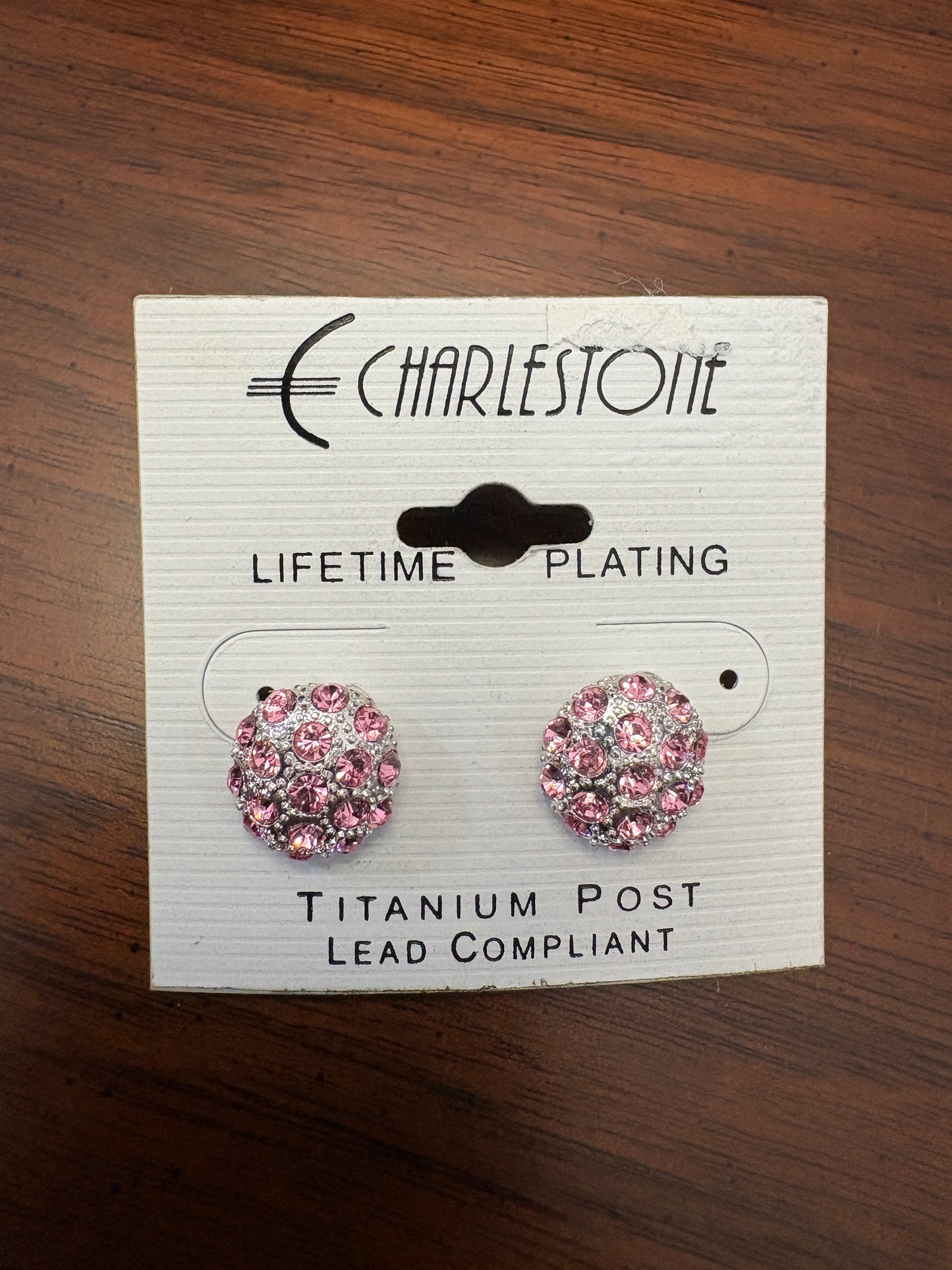 Pink & Silver Rhinestone Round Stud Earrings