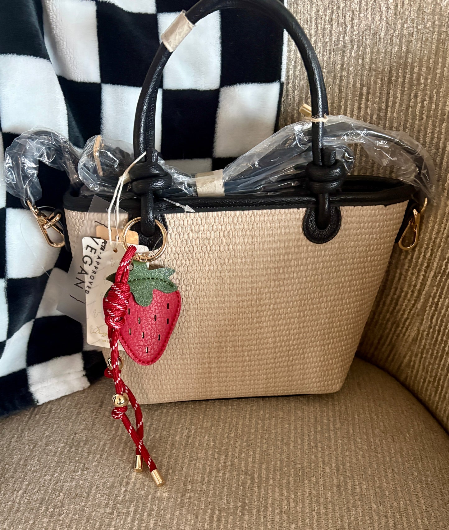Beige Handbag with Black Handles & Strawberry Chain