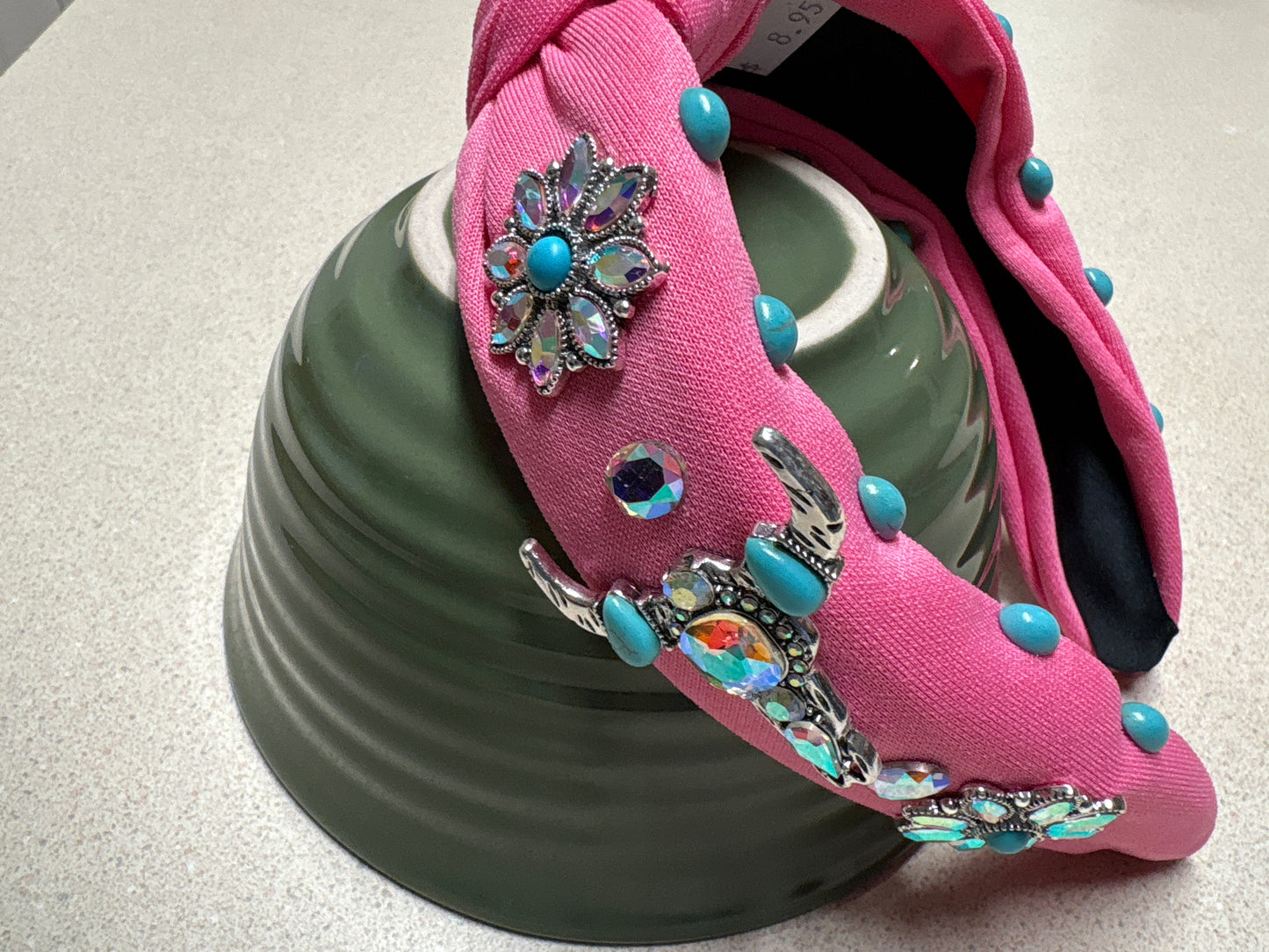 Pink Headband with Turquoise Pearls and Rhinestone Cowskulls