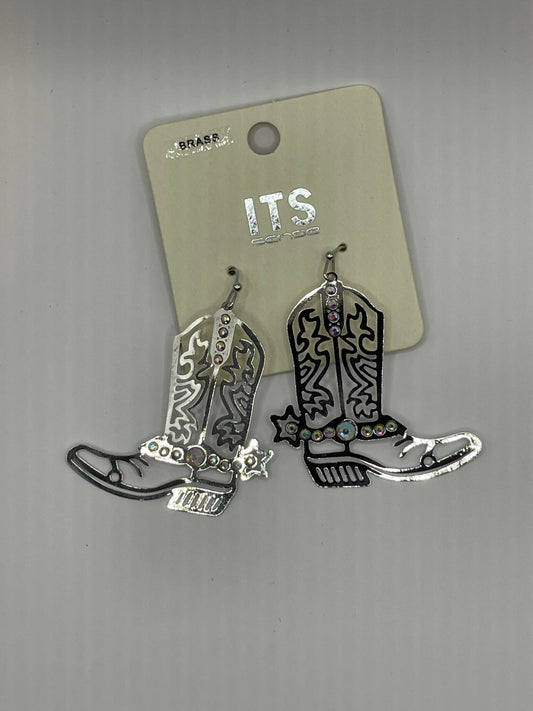 Silver Hollow Cowboy Boot Dangle Earrings