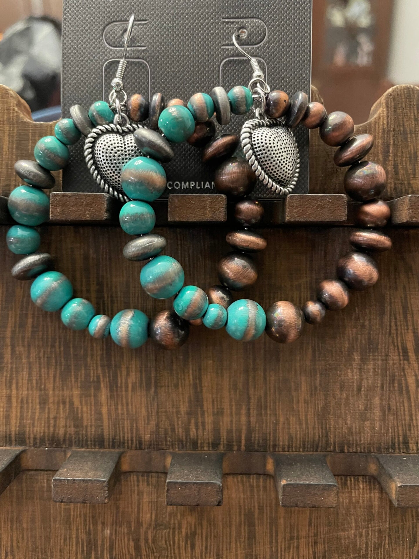 Turquoise and Brown with Heart Hoop Earrings