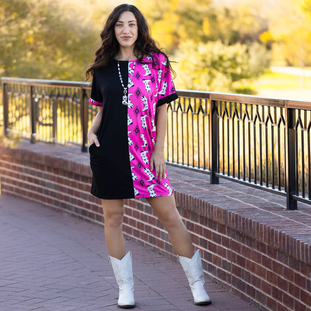 Two Tone Cowgirl Boot Dress with Pockets