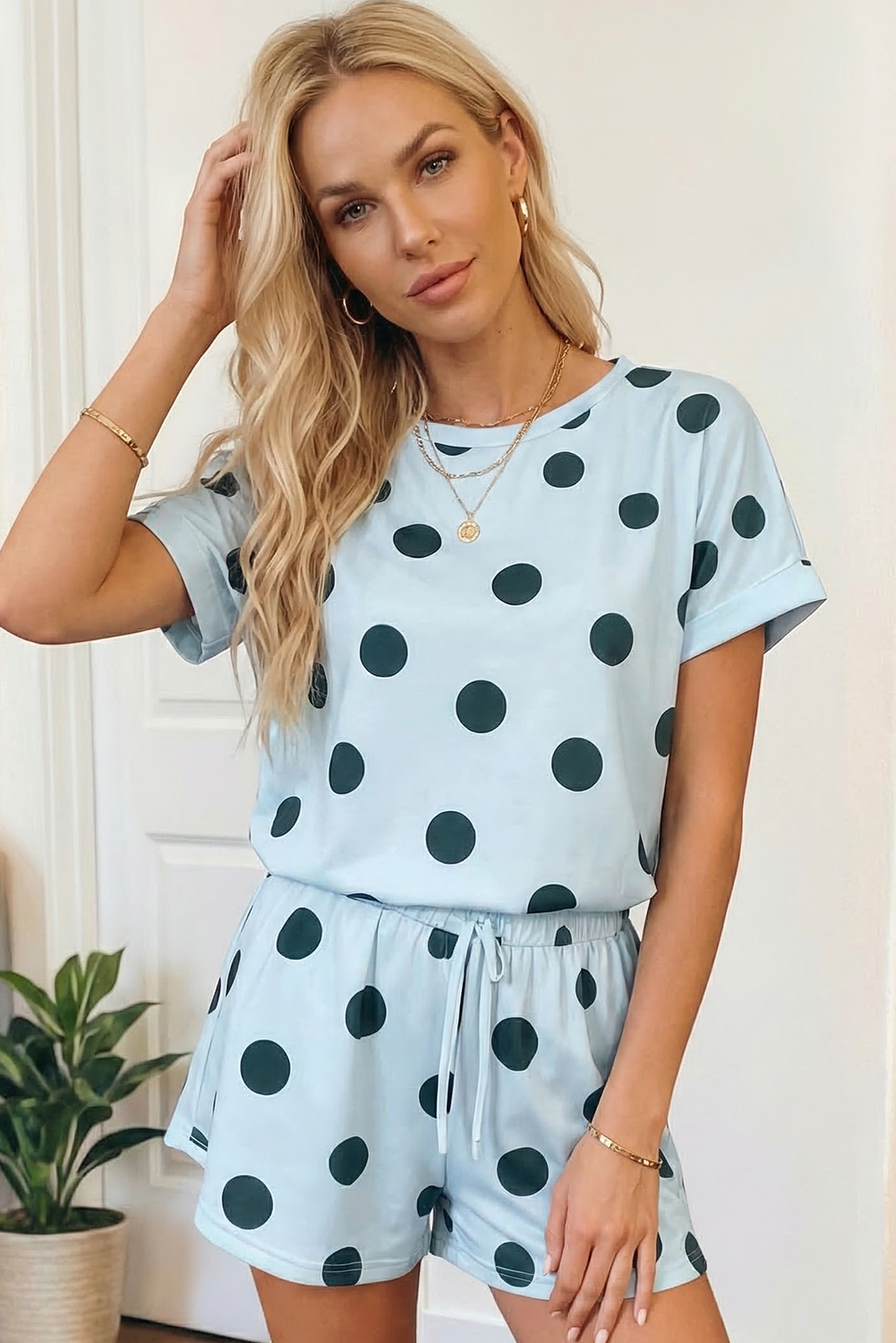 Summer 2026 Polka Dot Print Tee Drawstring Elastic Short Set