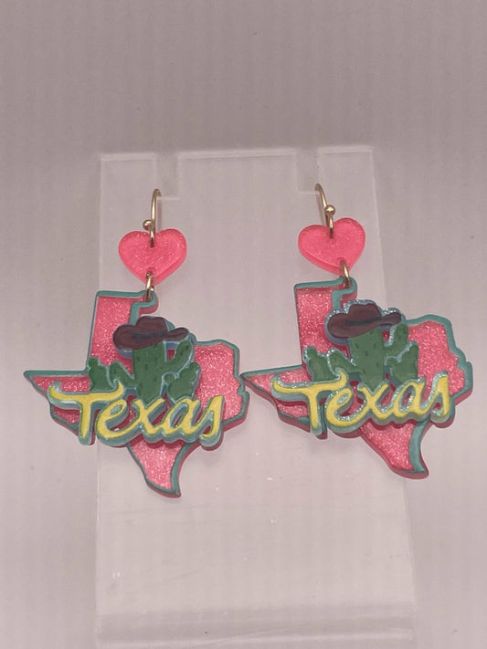 Sparkly Pink Texas Cactus Dangle Earrings