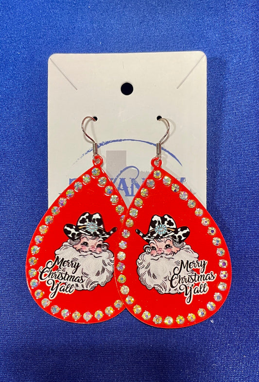 “Merry Christmas Y’all” Santa earrings with cowprint hat