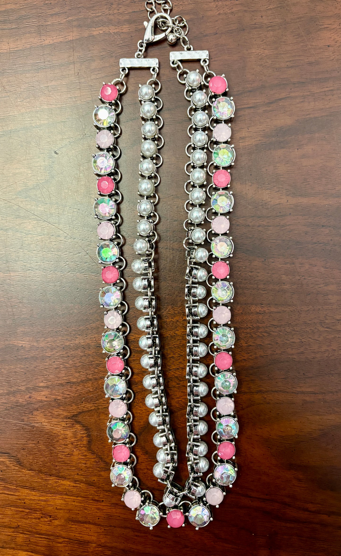 Double Strand Pink & White Stone And Pearl Necklace