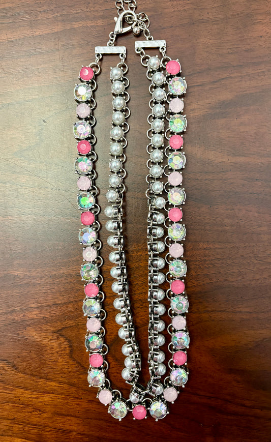 Double Strand Pink & White Stone And Pearl Necklace