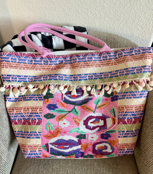 Multicolored Beach Tote Bag with Tassels