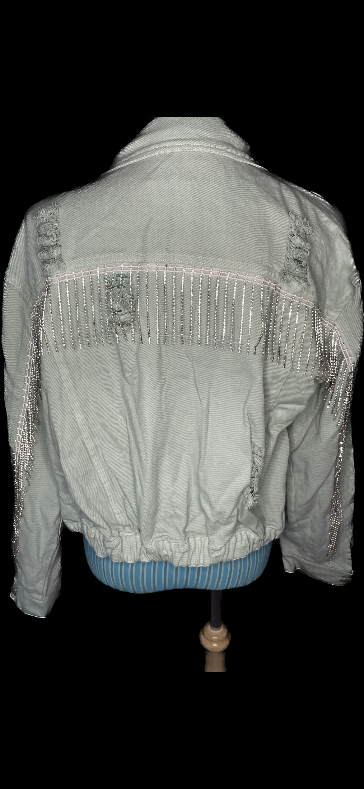 Sage Denim Jacket with Rhinestone Fringe