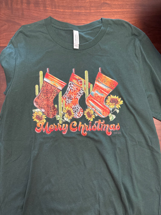 Green Merry Christmas with Stockings Tee