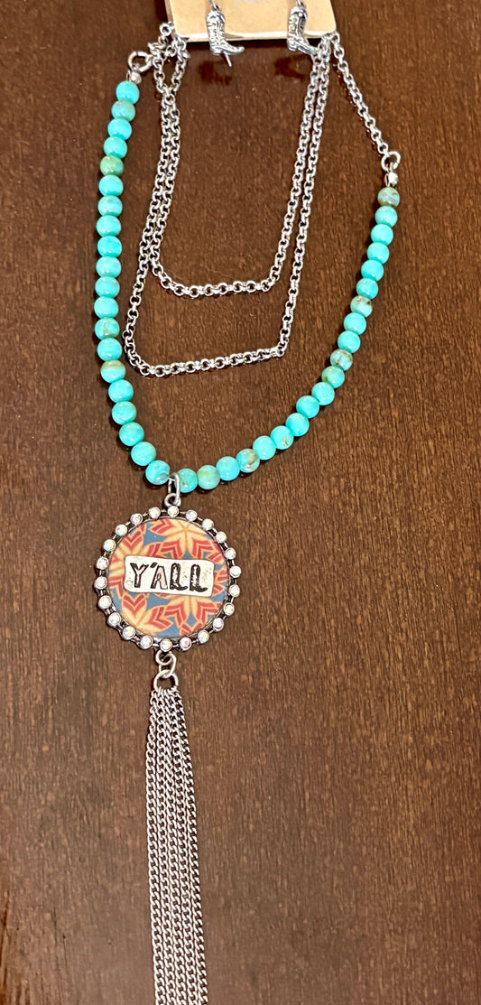 Turquoise Beaded Necklace with Y’all Pendant