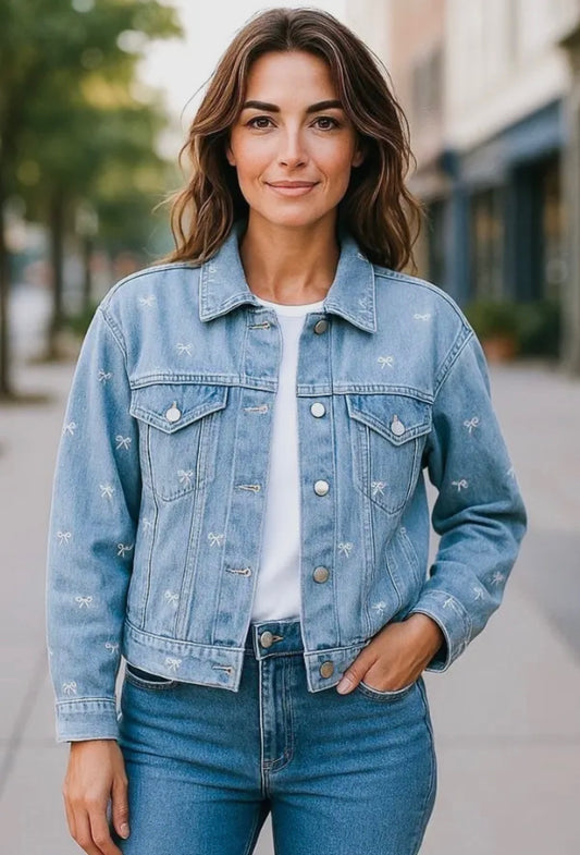 Bow Embroidered Denim Box Cut Jacket
