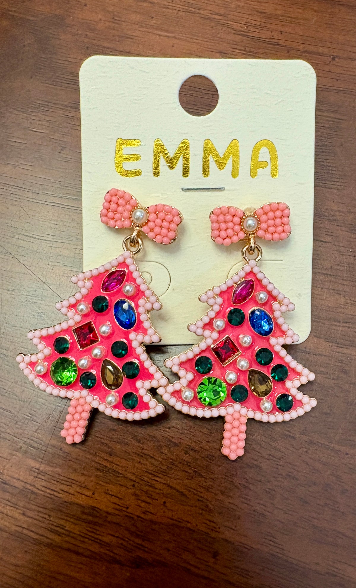 Pink Christmas Tree Earrings with Beaded Pink Bow