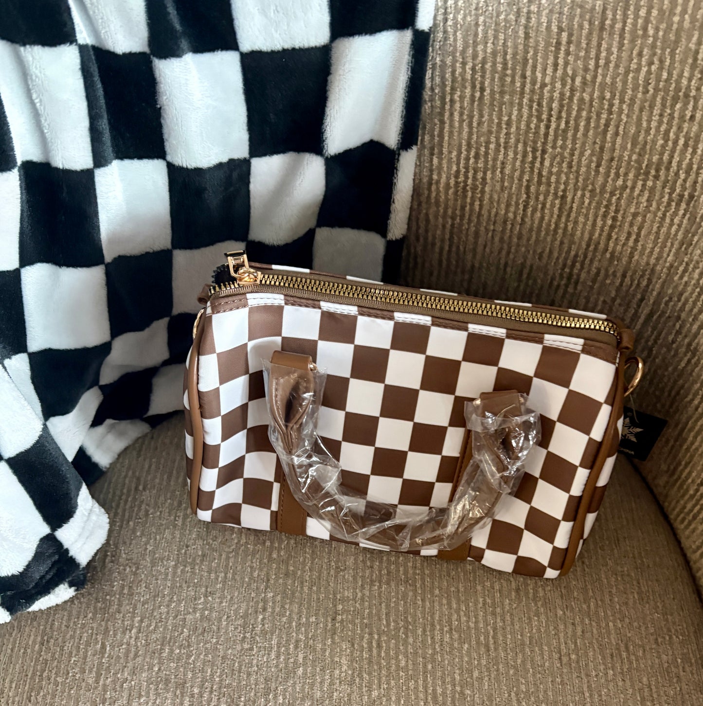 Small Brown Checkered Tote Handbag