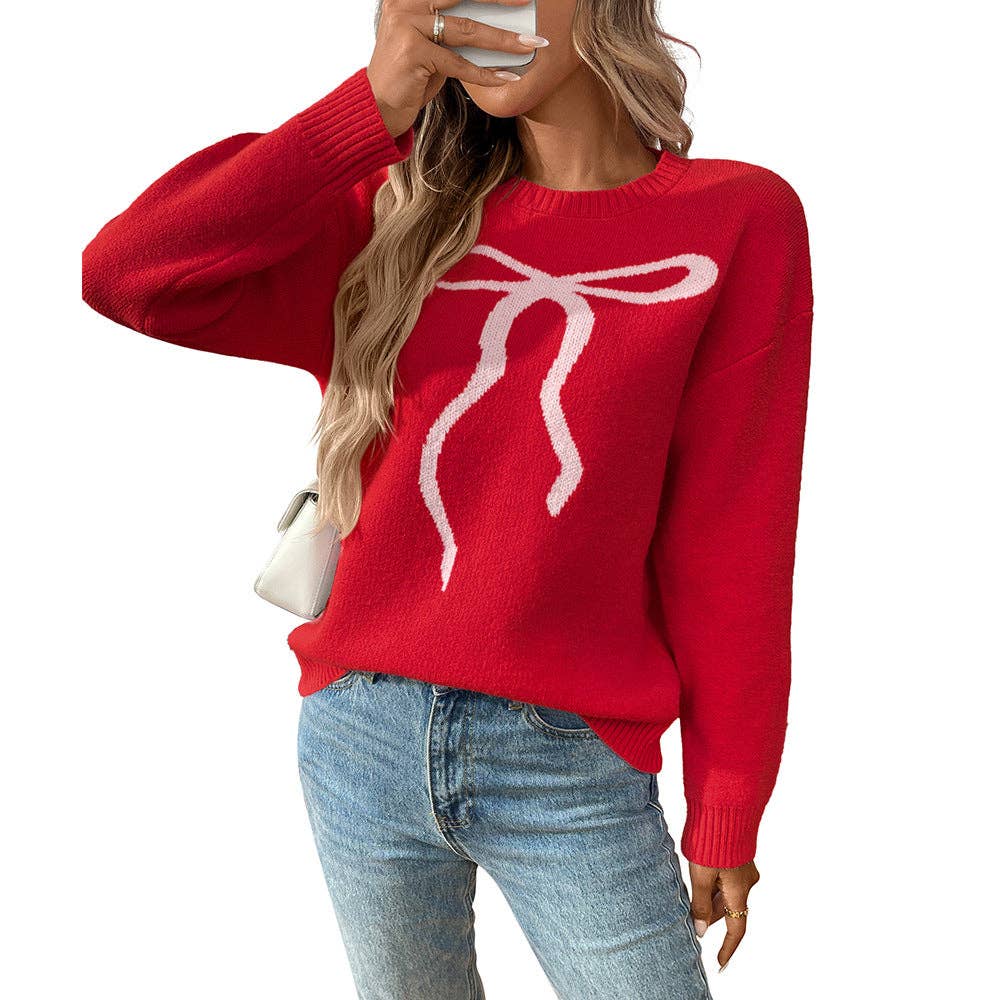Bow Knit Sweater with Vintage Floral Design