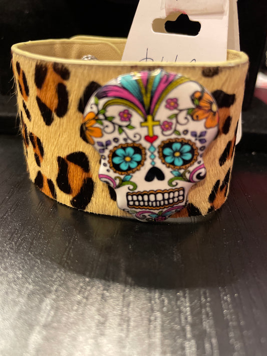 Leopard Sugar Skull Cuff Bracelet