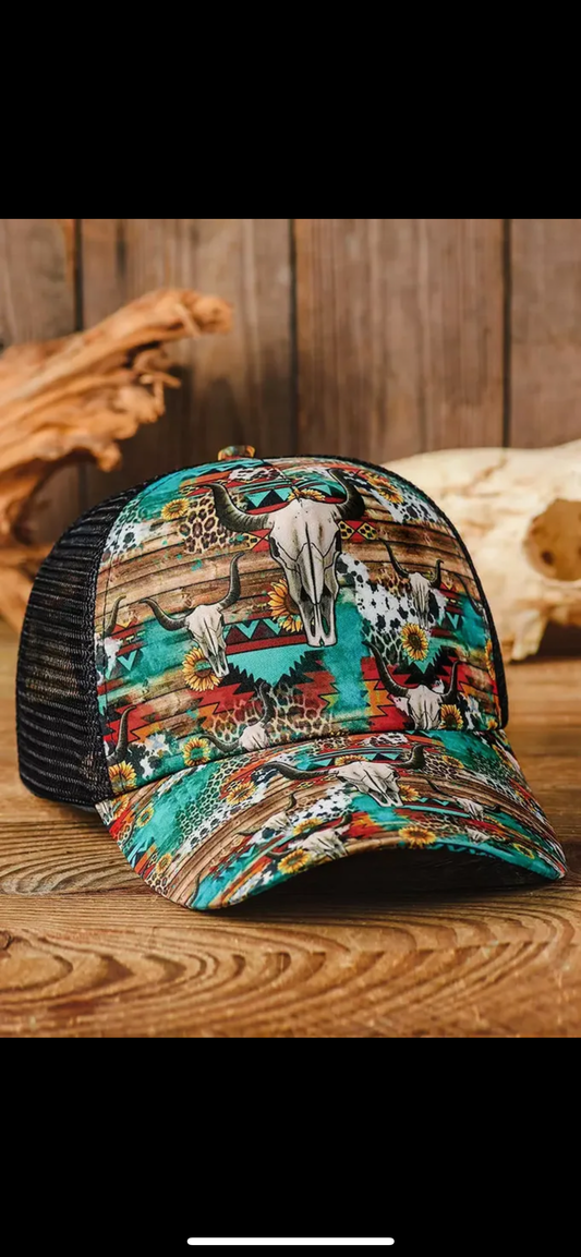 Women's Trucker Hat Western Style Steer Skull Graphic Sunflower Leopard Aztec Geometric Print Mesh Criss Cross Ponytail Hat