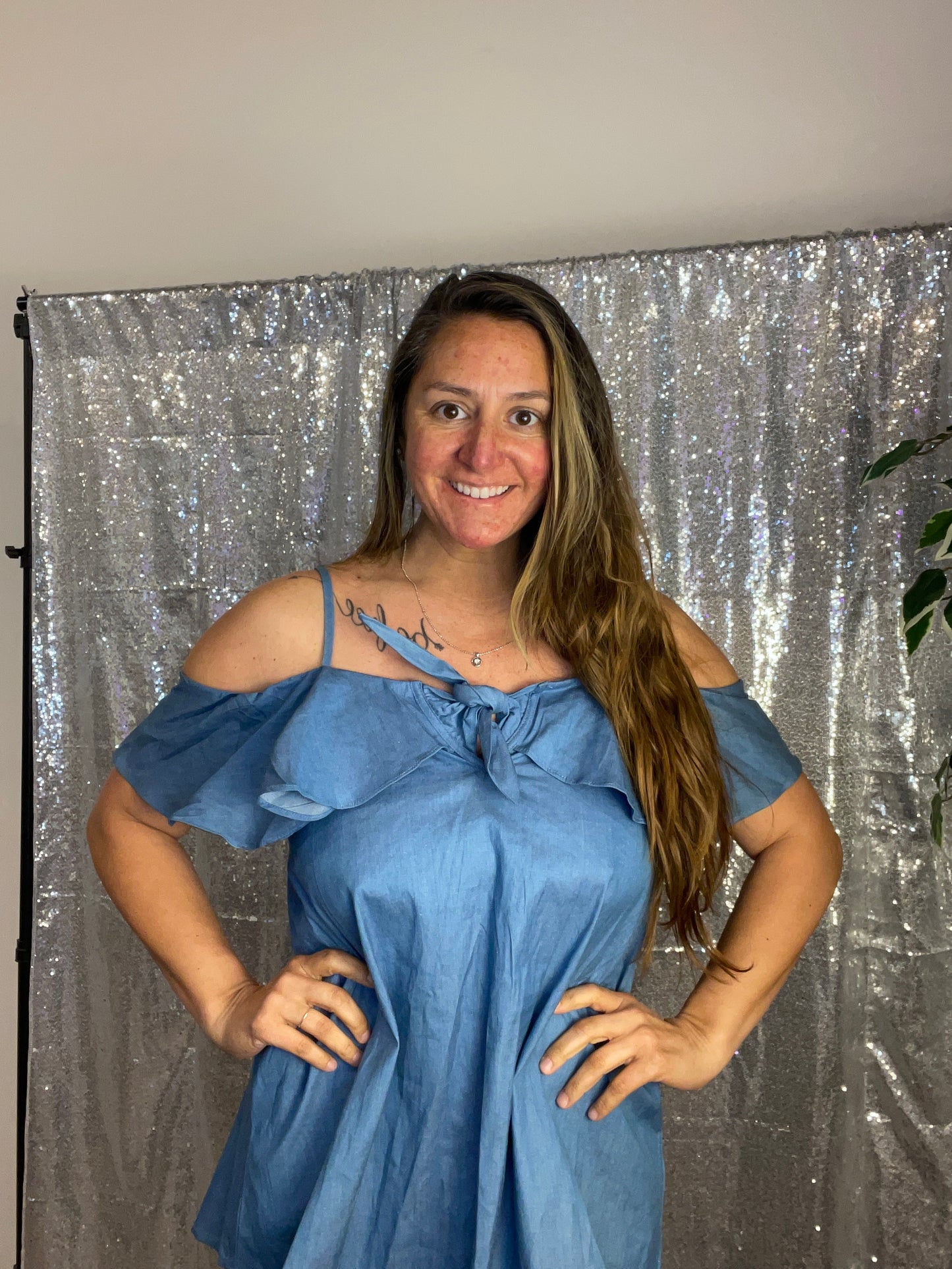 Cold Shoulder Blue Knotted Top