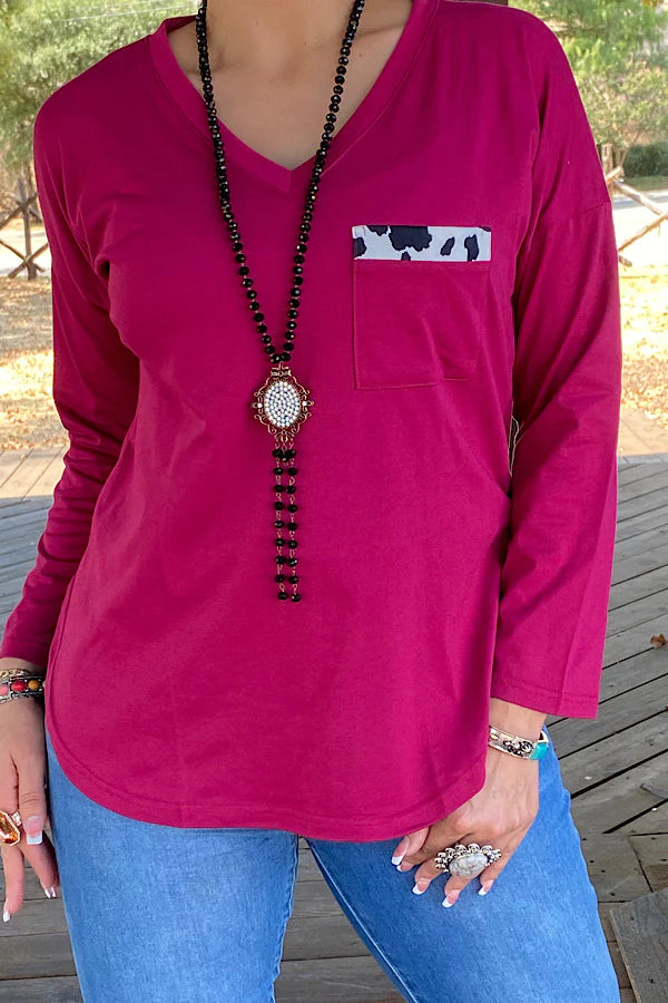 Burgundy Long Sleeve with Cowprint Pocket