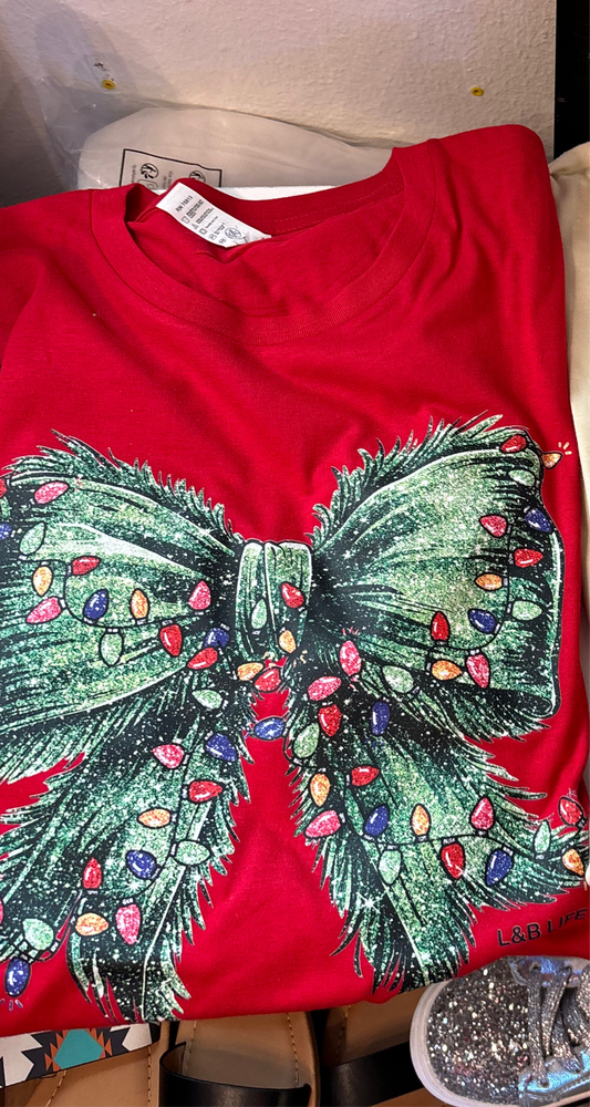 Red Graphic Tee with Green Bow and Christmas Lights