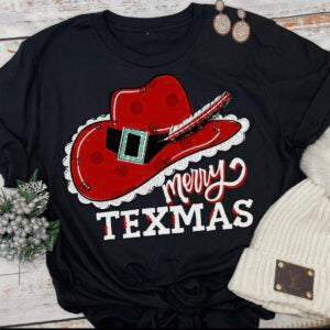 Red Santa Cowboy Hat “Texmas” Black Graphic Tee