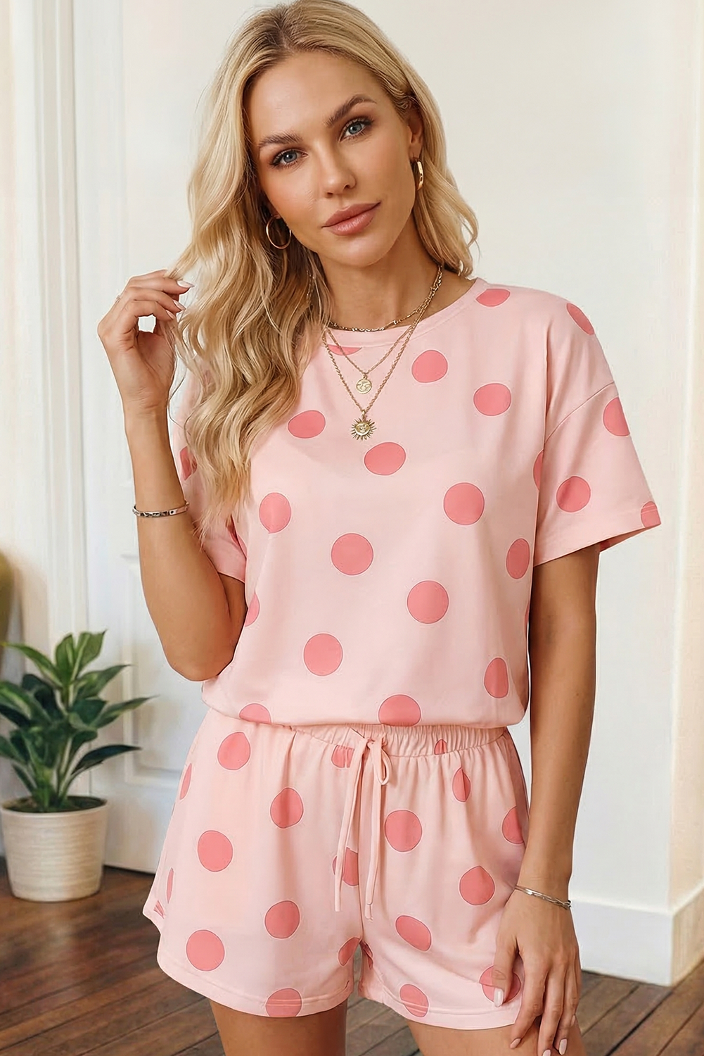 Summer 2026 Polka Dot Print Tee Drawstring Elastic Short Set