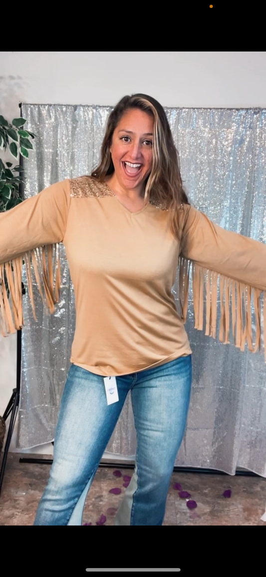 Tan Long Sleeve Sweater with Fringe