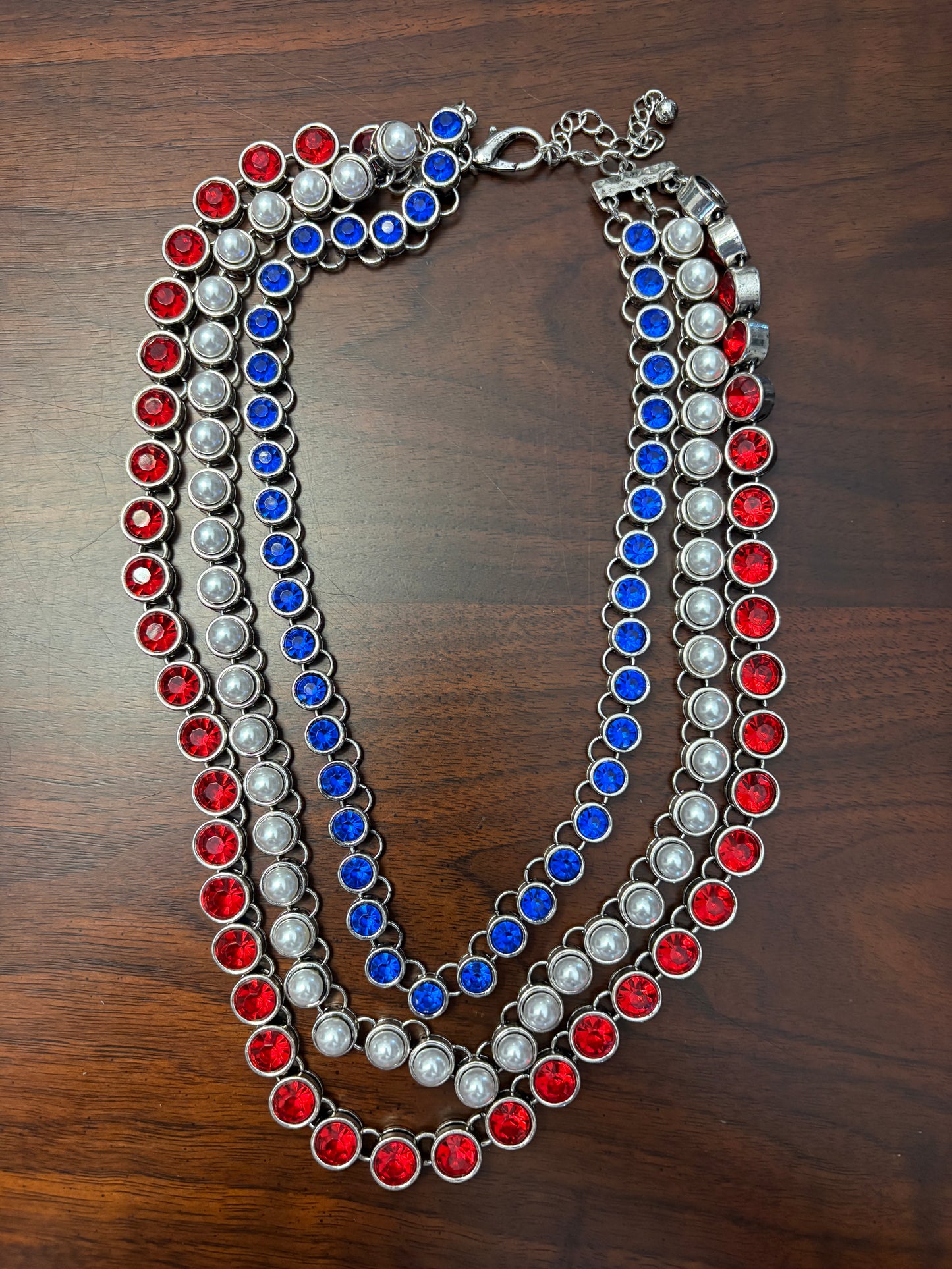 Triple Strand Red, White & Blue Rhinestone Necklace