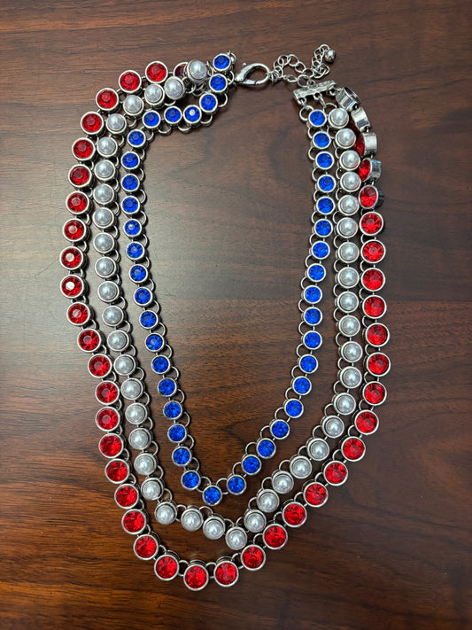 Triple Strand Red, White & Blue Rhinestone Necklace