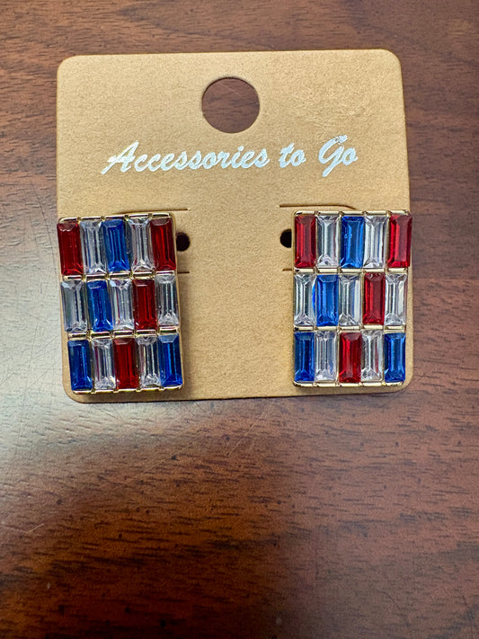 Bold Rectangle Red White Blue Rhinestone Earrings