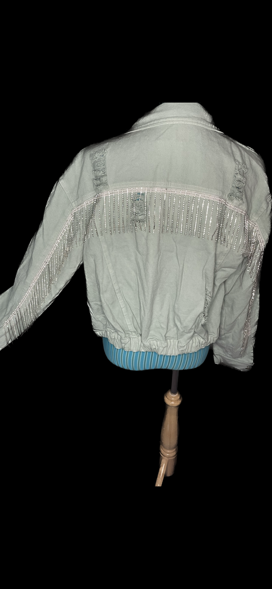 Sage Denim Jacket with Rhinestone Fringe