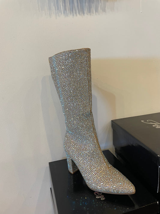 Rhinestone Studded Champagne Heeled Boots