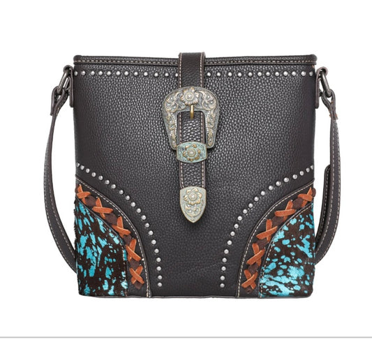 Montana West Crossbody with Buckle and Teal Cow Print