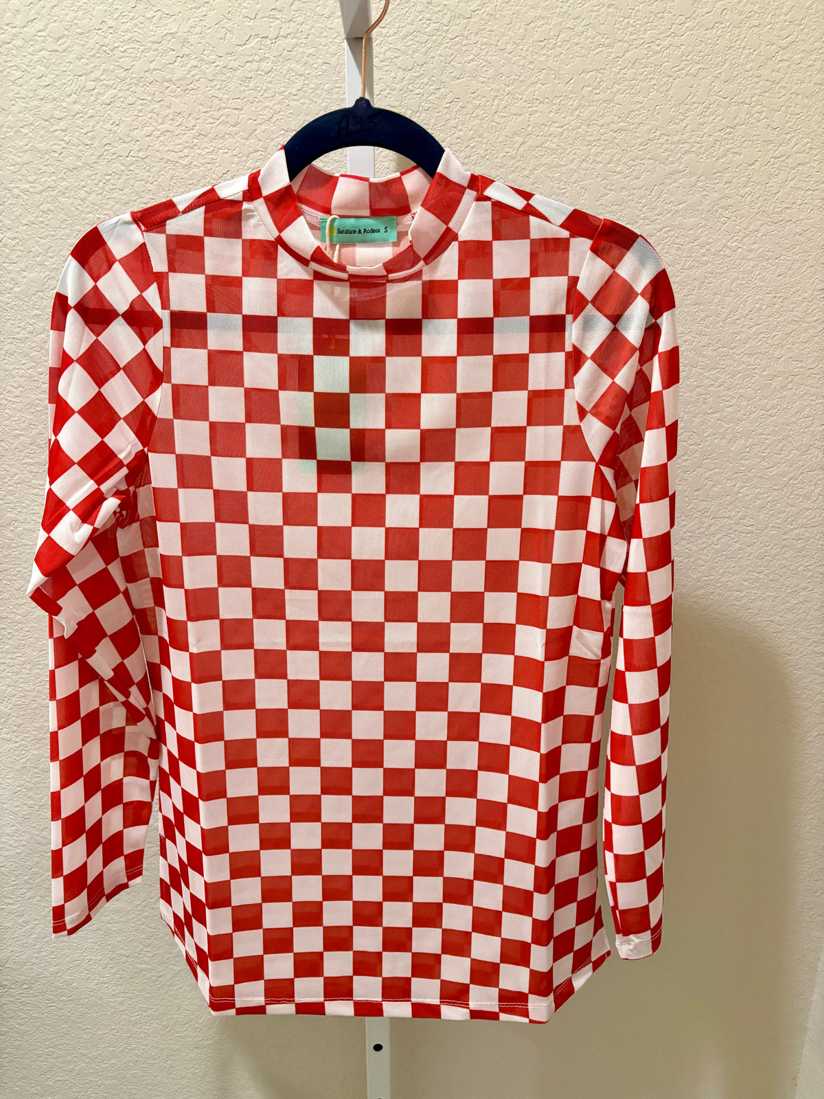 Red & White Checkered Long Sleeve Mesh Top