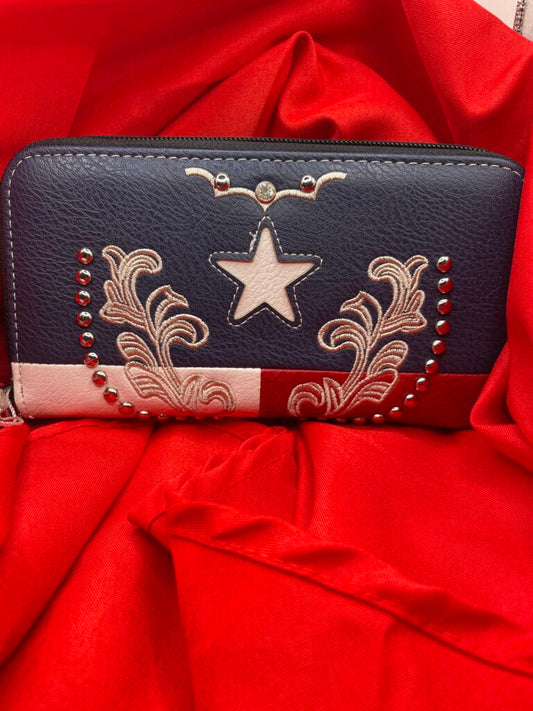 Authentic Leather Double Zipper Texas Wallet with studded Star