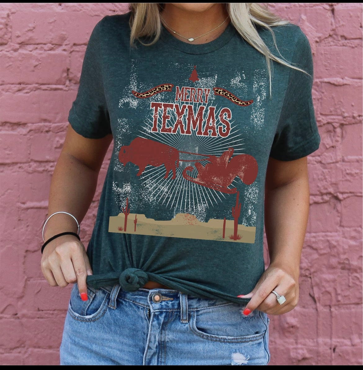 “Merry Texmas” Heather Green Graphic T shirt