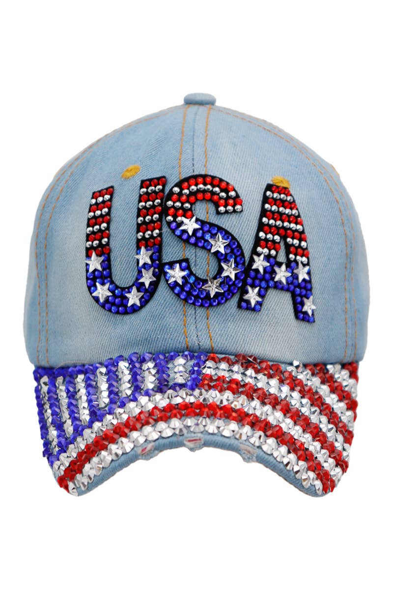 USA American Flag Bling Rhinestone Denim Cap