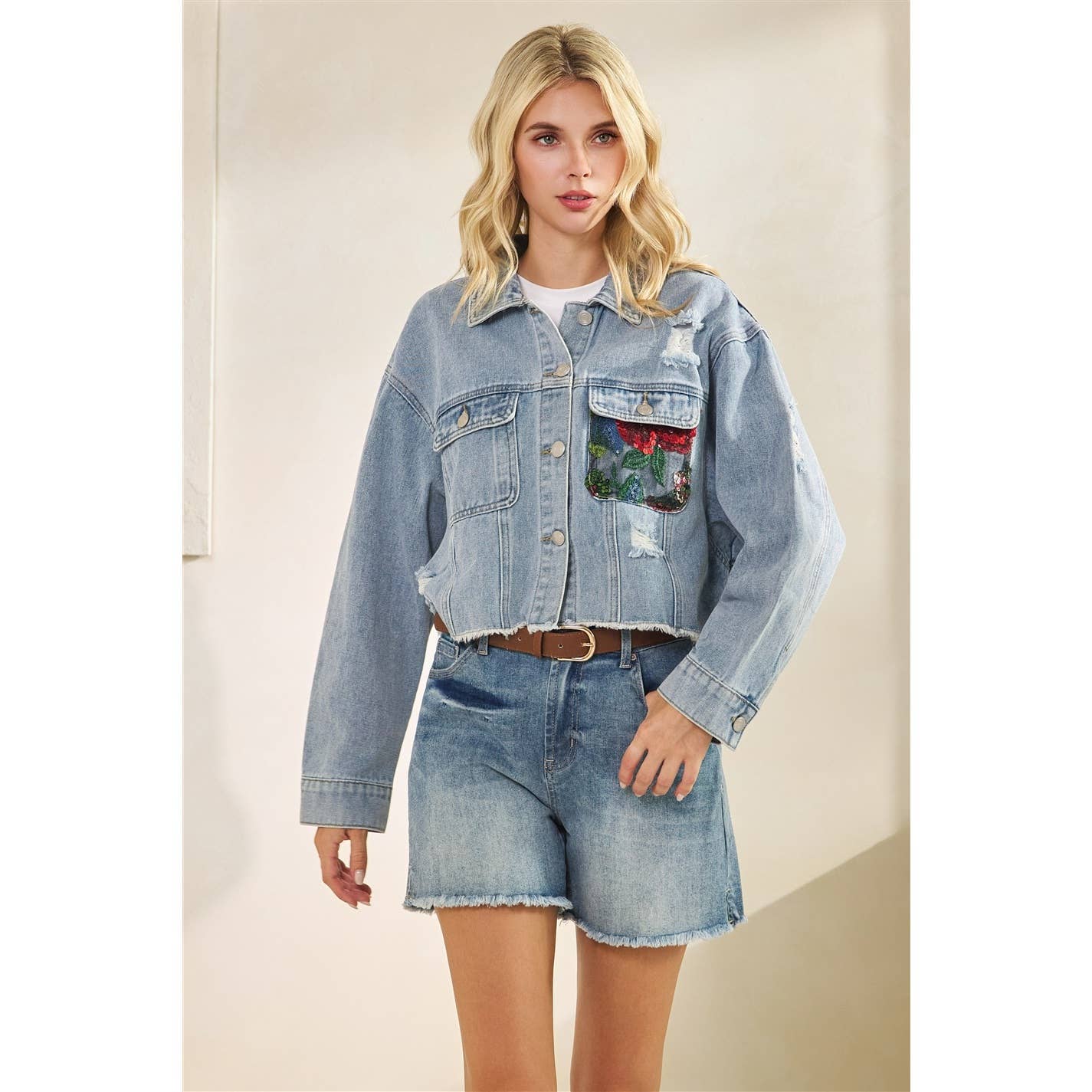 Classic Denim Jacket with Lace Floral Contrast