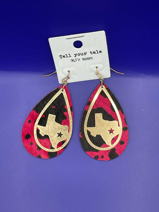 Red Cowhide Hollow Texas Dangle Earrings