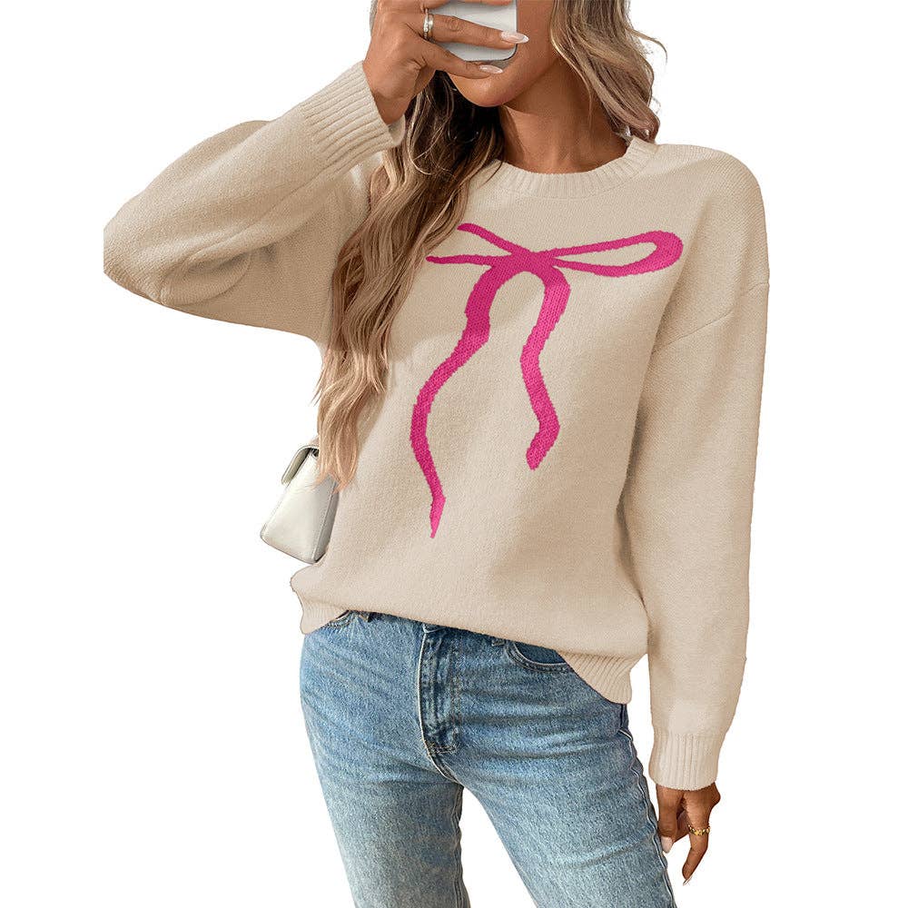 Bow Knit Sweater with Vintage Floral Design