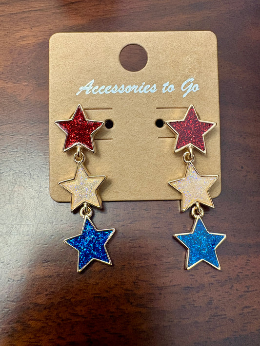 Sparkly Red, White & Blue Star Dangle Earrings