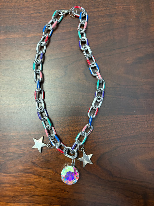 Chain Link Multicolor Necklace with Silver Stars and AB Stone