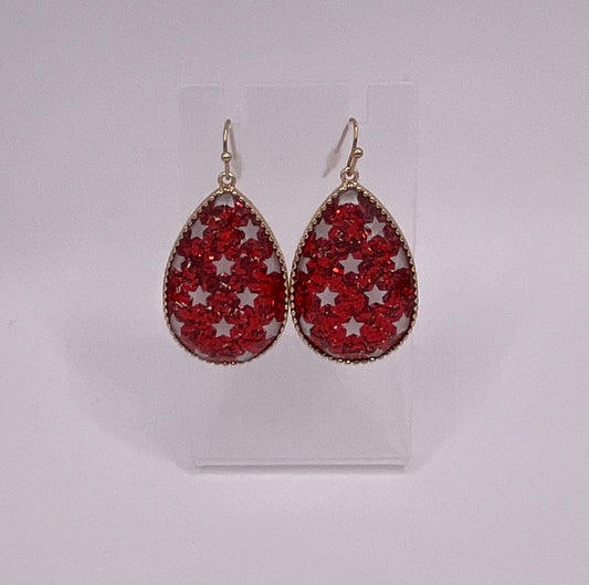 Sparkly Red Oval Earrings with White Stars