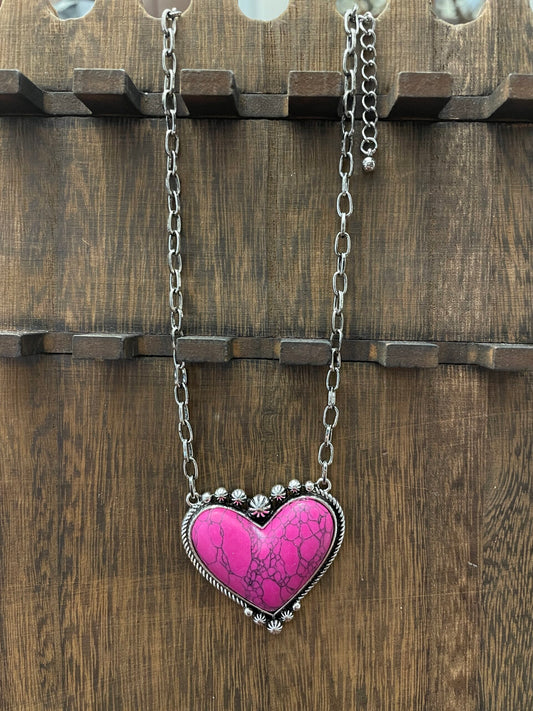 Pink Heart Necklace with Silver Chain