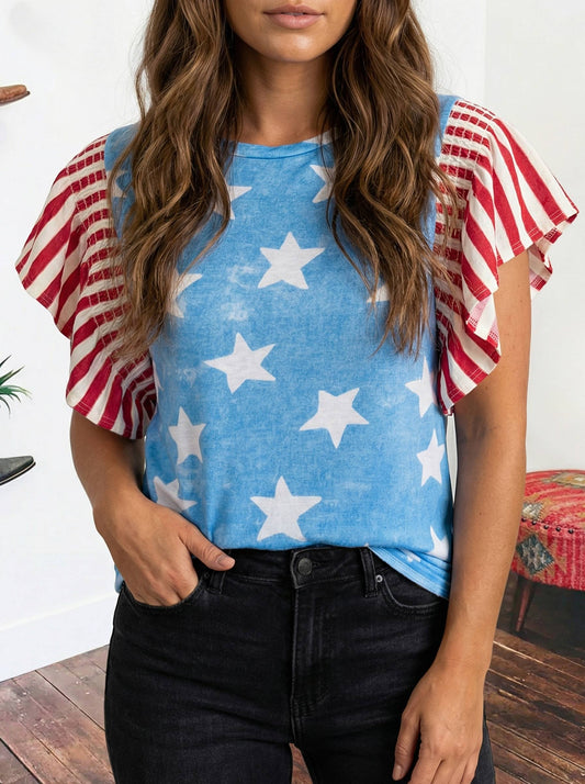Star Print Striped Ruffle Sleeve Independence Day Top