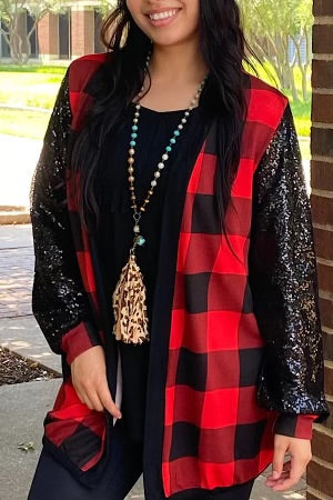 Red Plaid Cardigan with Sequin Sleeves