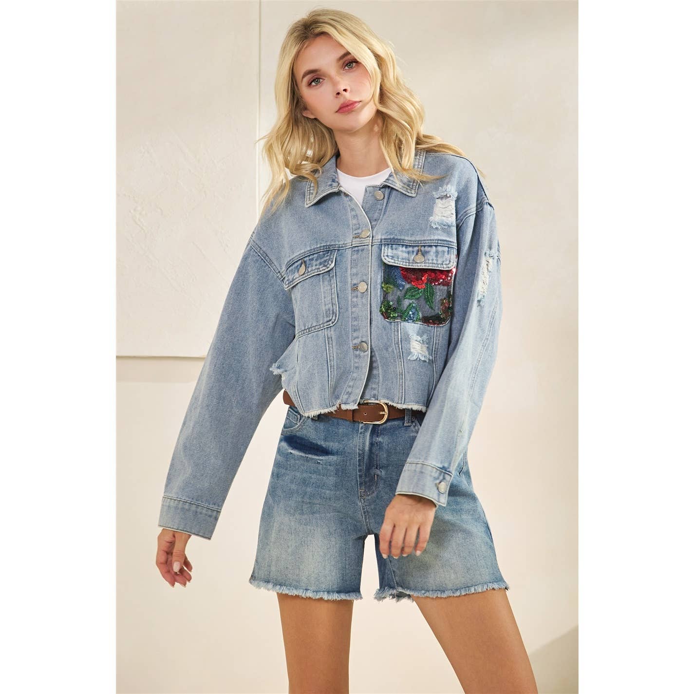 Classic Denim Jacket with Lace Floral Contrast
